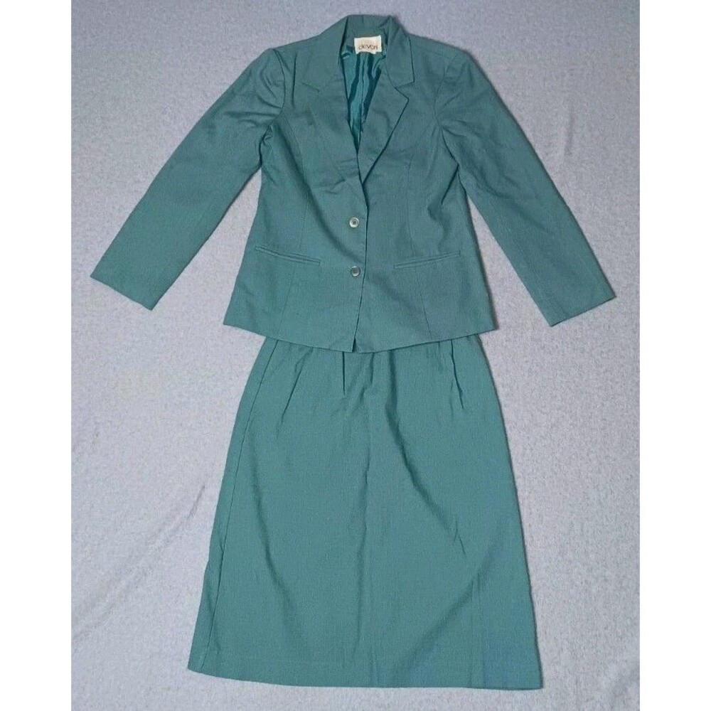 Vintage Devon Skirt Suit Set Womens Size 10 Light Blue Blazer Jacket Pockets...